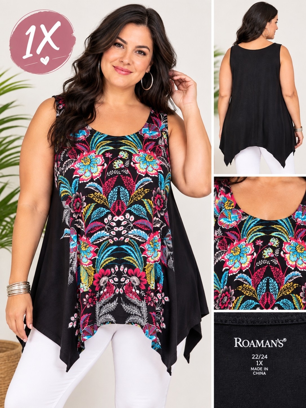 Roaman's Plus Size 1X 22/24 Floral Print Tunic Top Black Pink Blue Cotton Rayon
